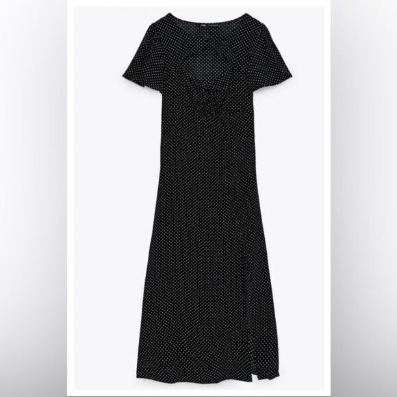 ZARA Black and White Cut-Out Polka Dots Midi Dress - Picture 7 of 7